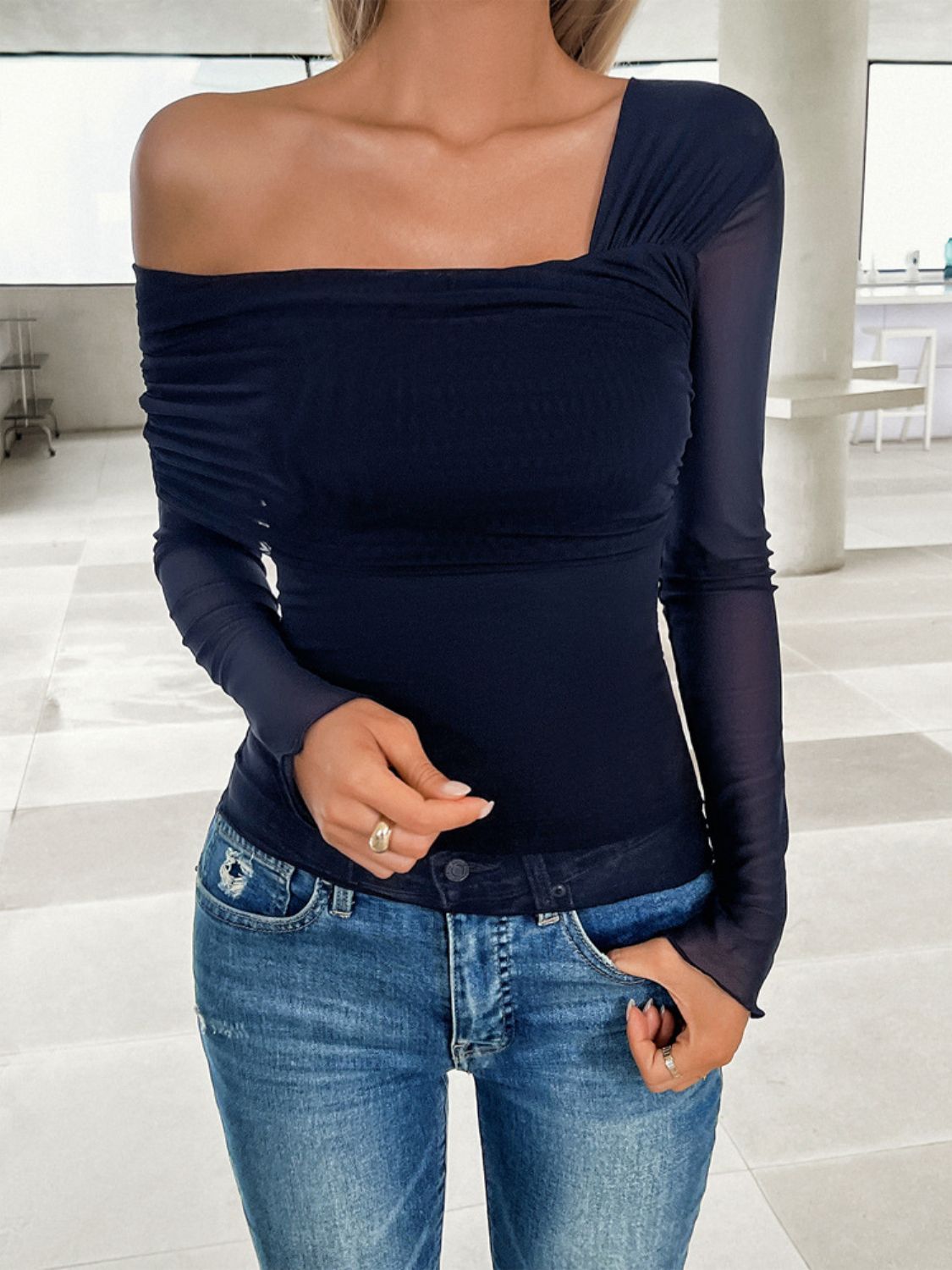 Devine Ruched Asymmetrical Long Sleeve T-Shirt