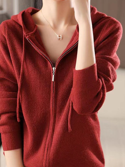 Drawstring Zip Up Long Sleeve Hooded Sweater