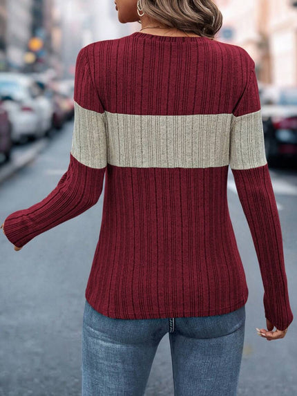 Color Block Round Neck Long Sleeve T-Shirt