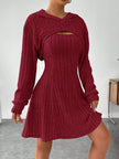 Wide Strap Mini Dress and Long Sleeve Hooded Top Set