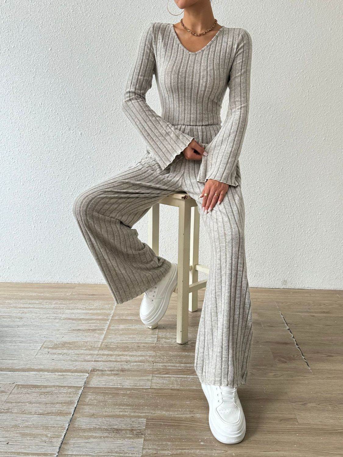 Ribbed V-Neck Long Sleeve Top and Pocketed Pants Set