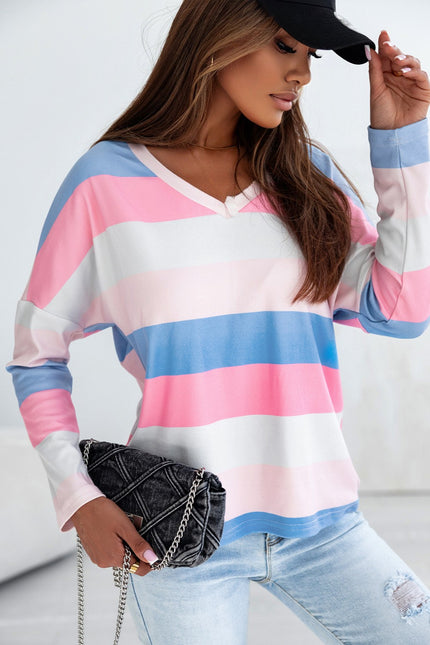 Color Block V-Neck Long Sleeve T-Shirt