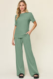 Double Take Full Size Round Neck Short Sleeve Top and Wide Leg Pants Set