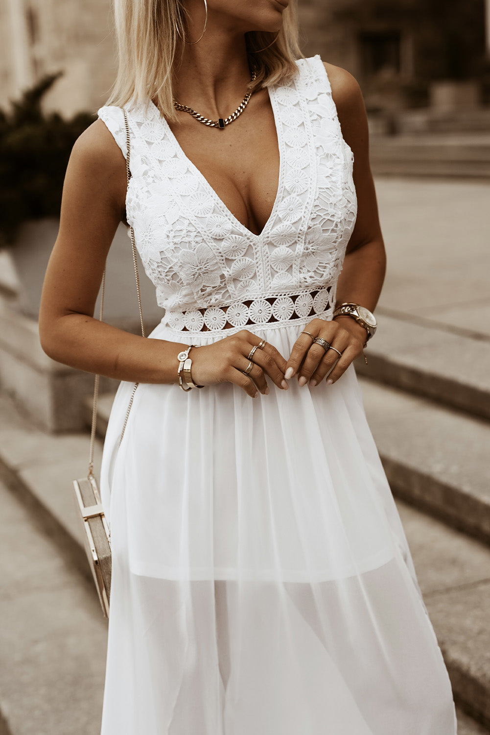 Slit Lace Detail V-Neck Maxi Dress