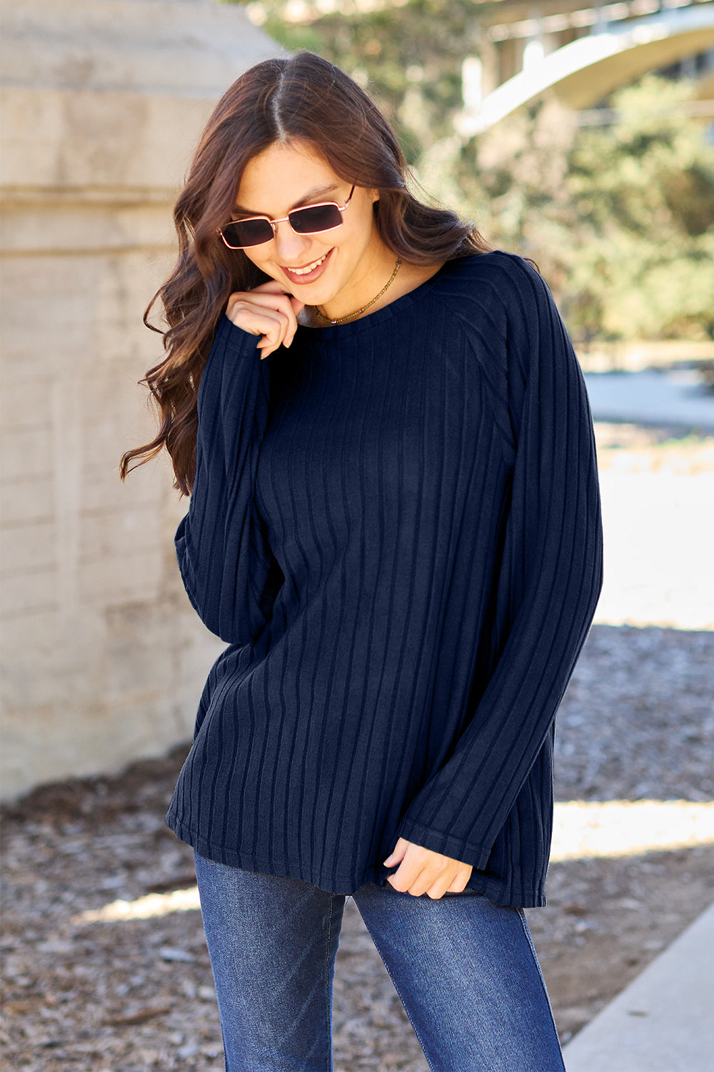 Basic Bae Full Size Ribbed Round Neck Long Sleeve Knit Sweater