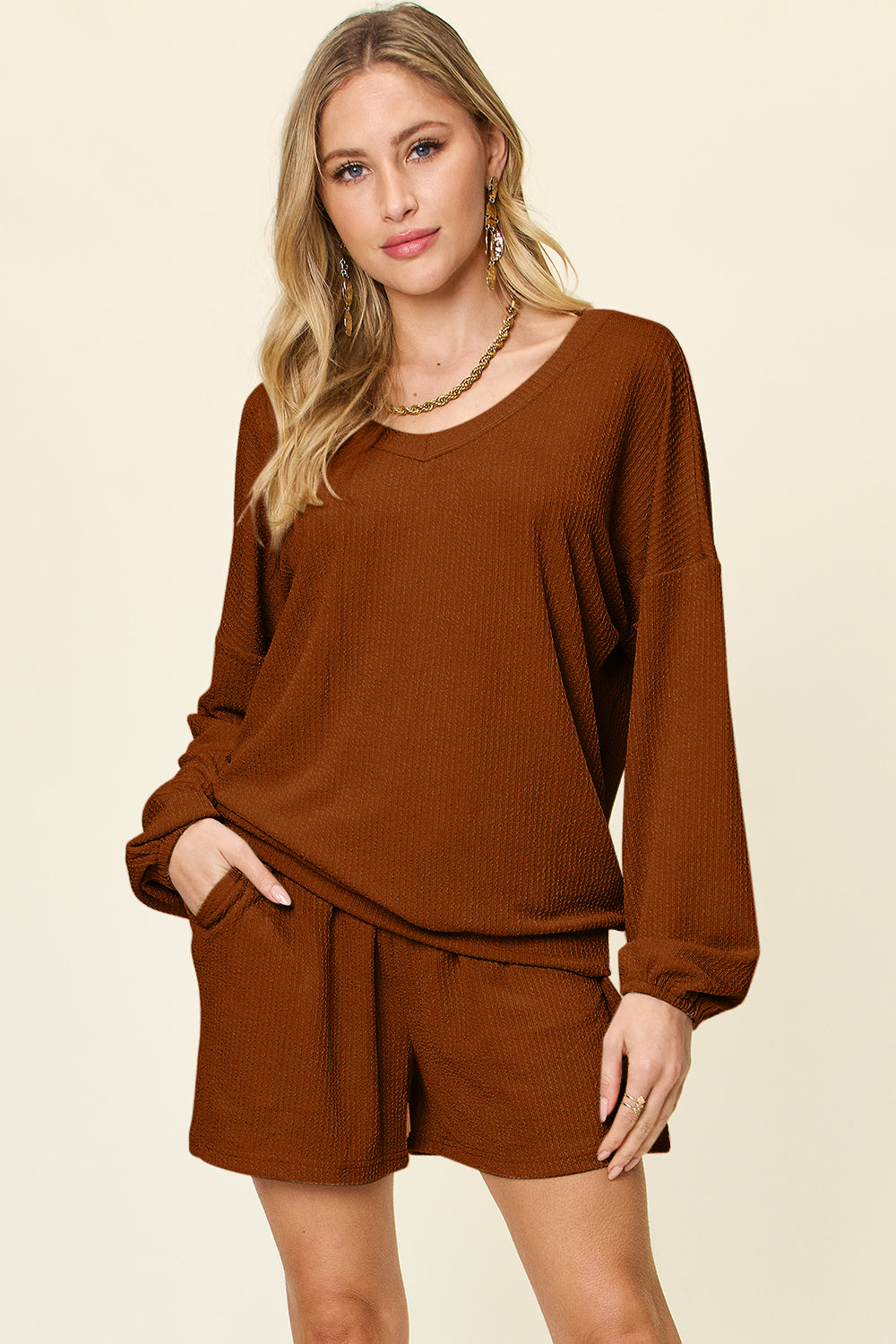 Double Take Full Size Texture V-Neck Long Sleeve Top and Shorts Set