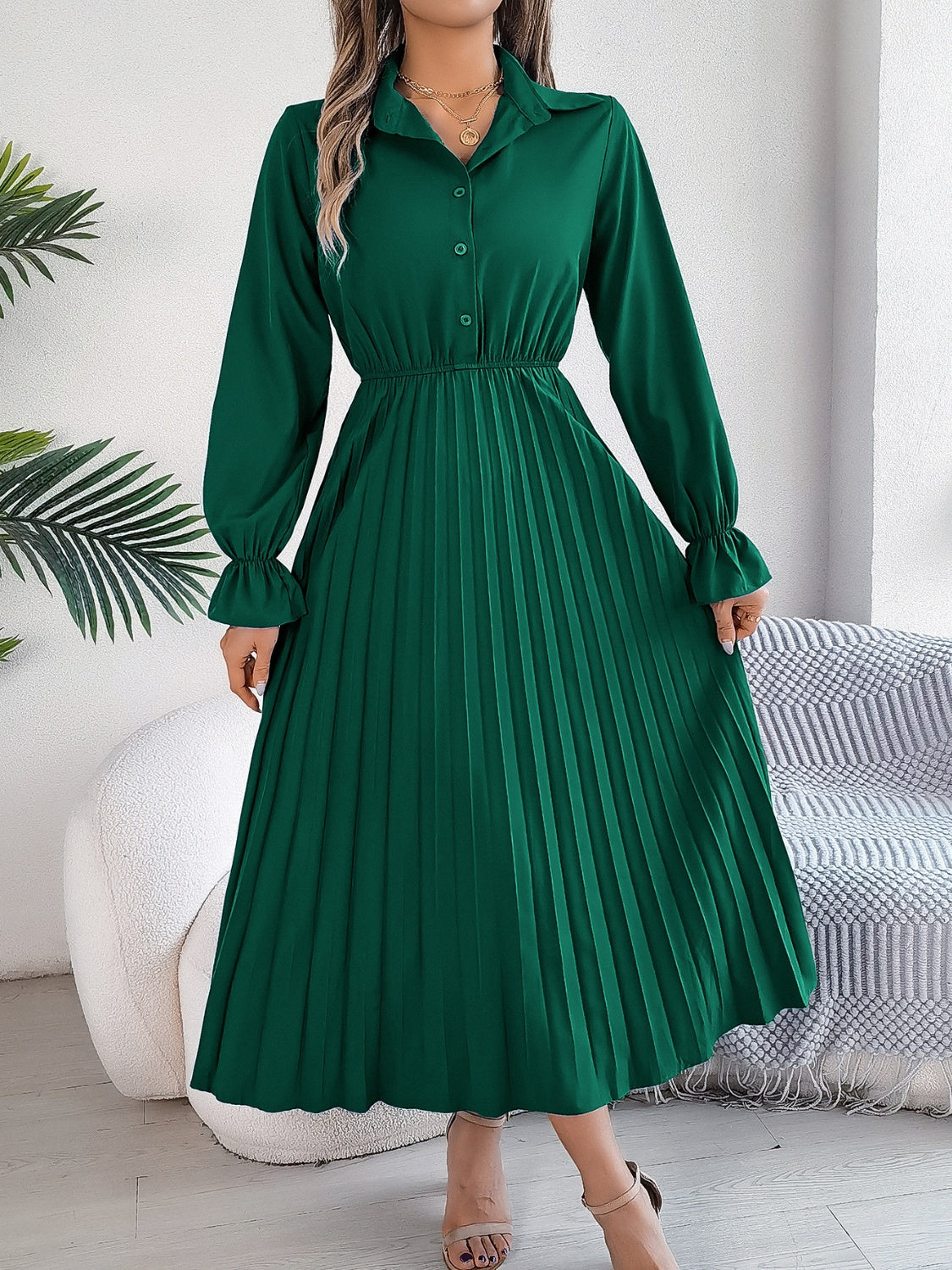 Pleated Half Button Long Sleeve Midi Dress