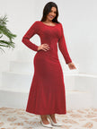 Ruched Round Neck Long Sleeve Sparkle Dress