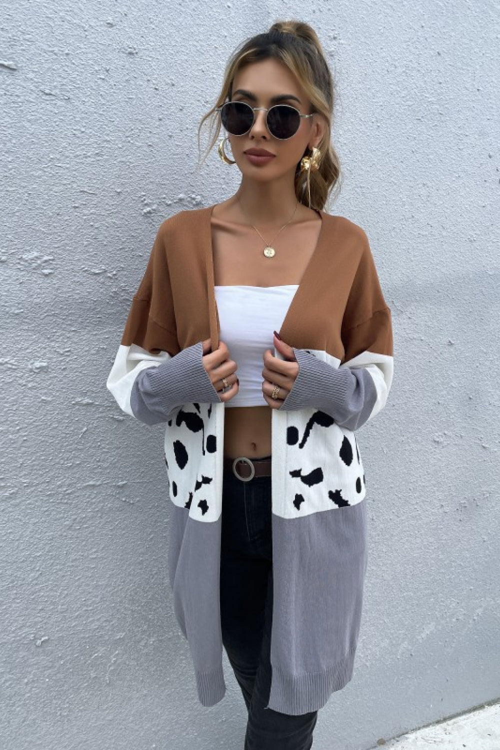 Perfee Leopard Color Block Cardigan