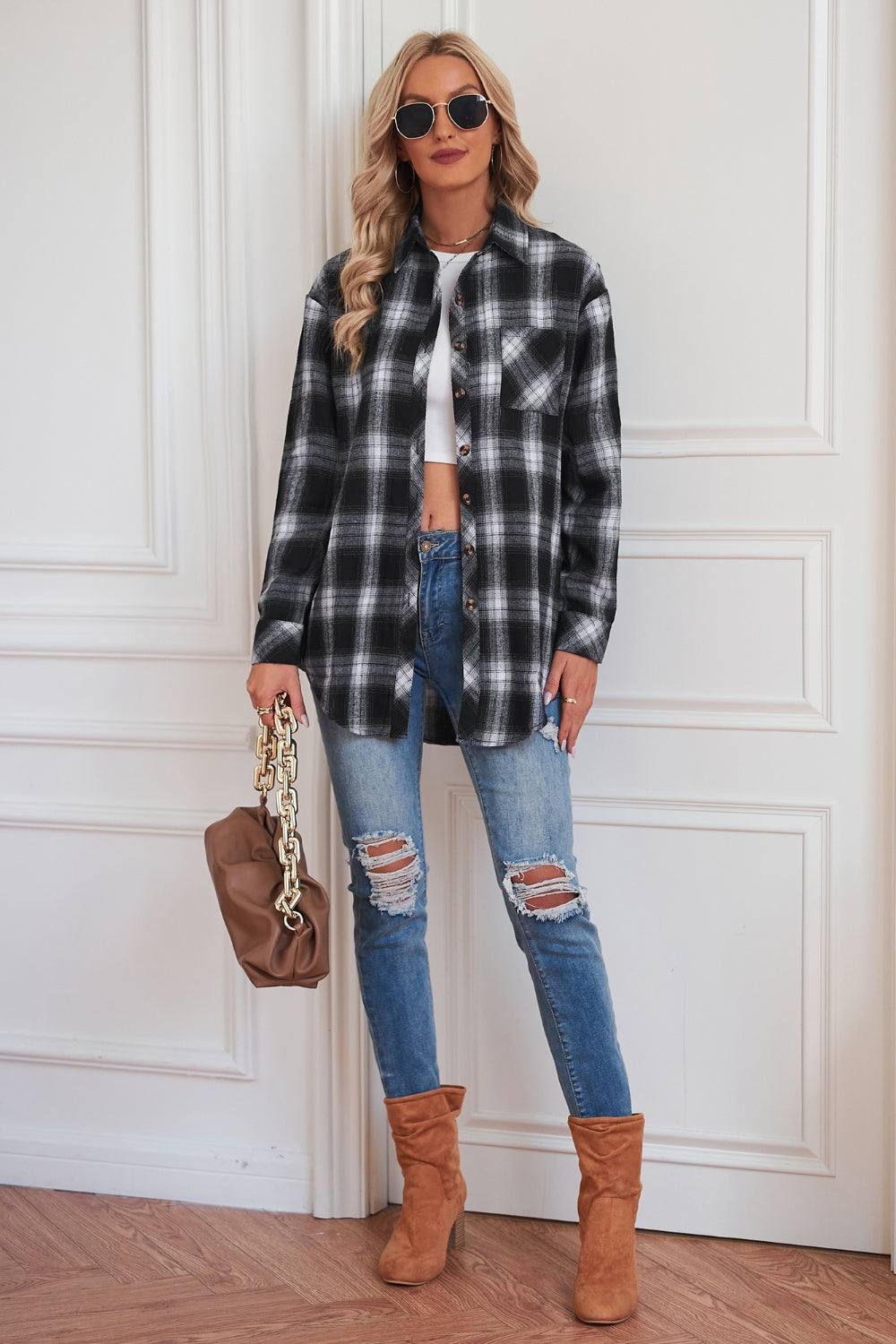 Plaid Button Up Dropped Shoulder Shirt