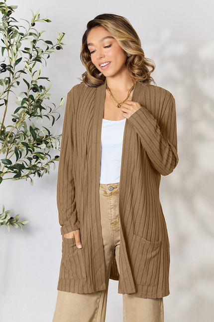 Full Size Ribbed Open Front Cardigan with Pockets