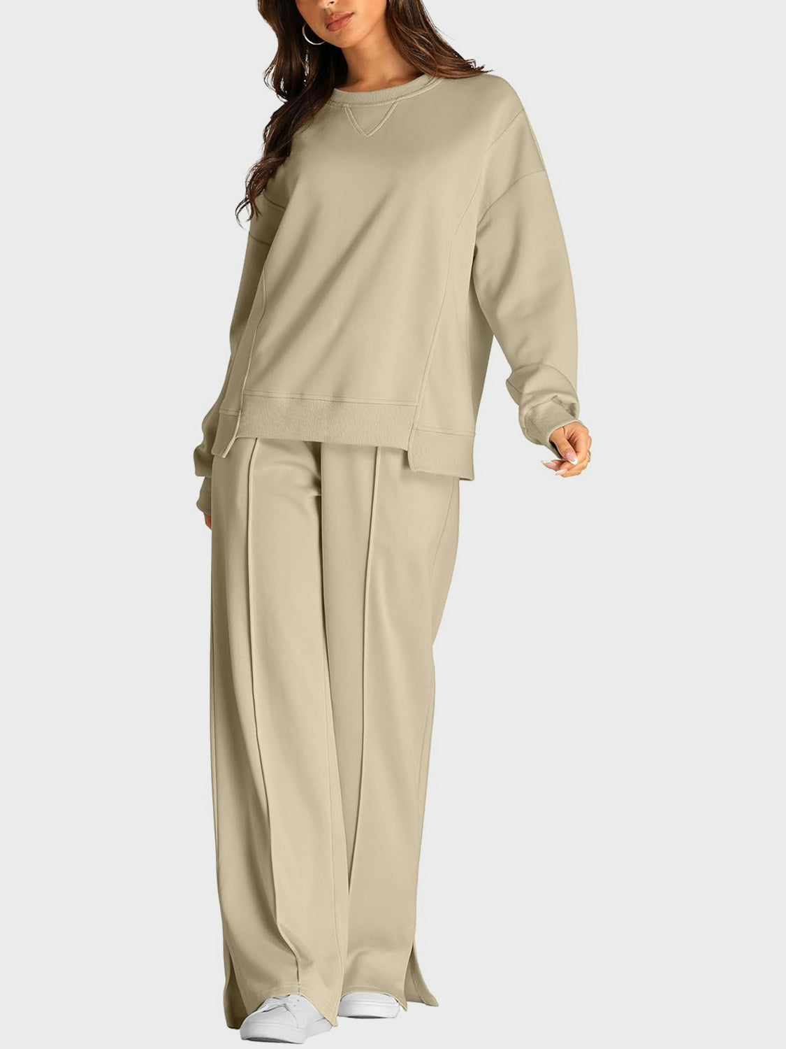 Round Neck Long Sleeve Top and Slit Pants Set