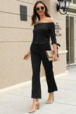 Shiny Off-Shoulder Tie Cuff Jumpsuit with Pockets