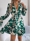 Tied Ruffled Printed Long Sleeve Dress