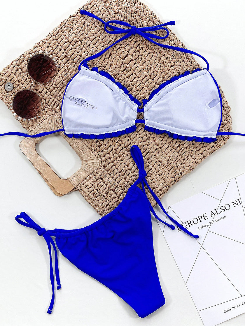 Frill Trim Halter Neck Bikini Set