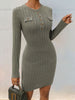 Perfee Decorative Button Round Neck Long Sleeve Mini Dress