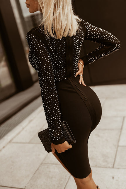 Rhinestone Mock Neck Long Sleeve Midi Dress