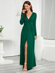 V-Neck Long Sleeve Split Maxi Dress