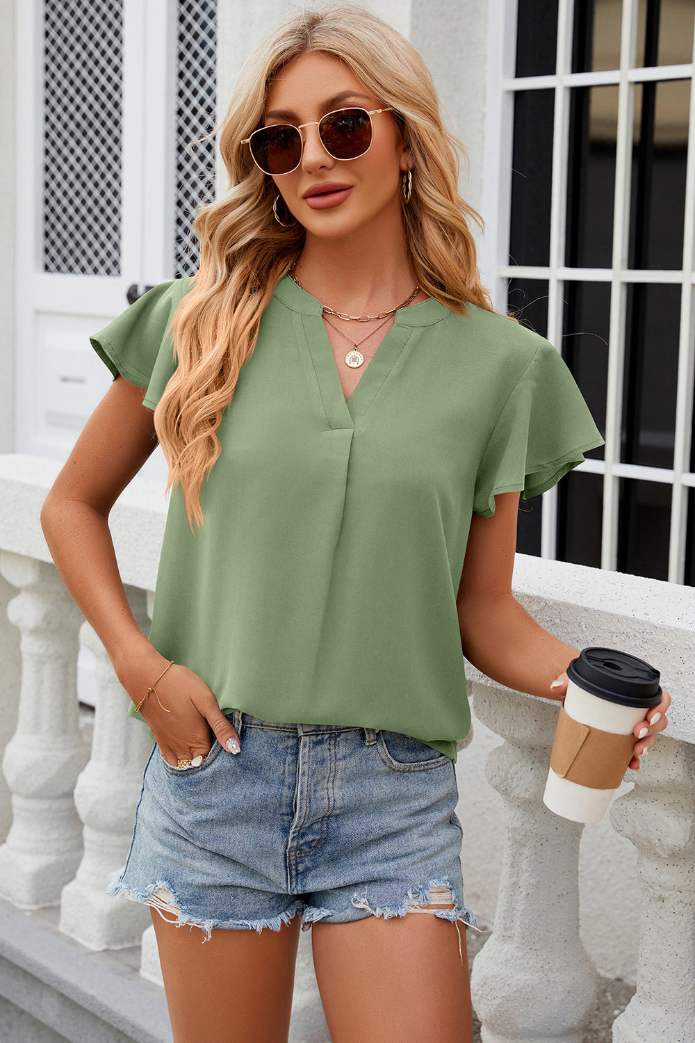 Notched Cap Sleeve T-Shirt