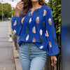 Feather Print Notched Balloon Sleeve Blouse