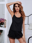 Gathered Detail Spliced Mesh Sleeveless Top and Shorts Lounge Set