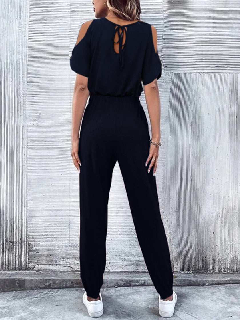 V-Neck Cold-Shoulder Jumpsuit with Pockets - QuaintQuest Fashion