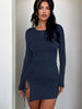 Side Drawstring Round Neck Long Sleeve Dress