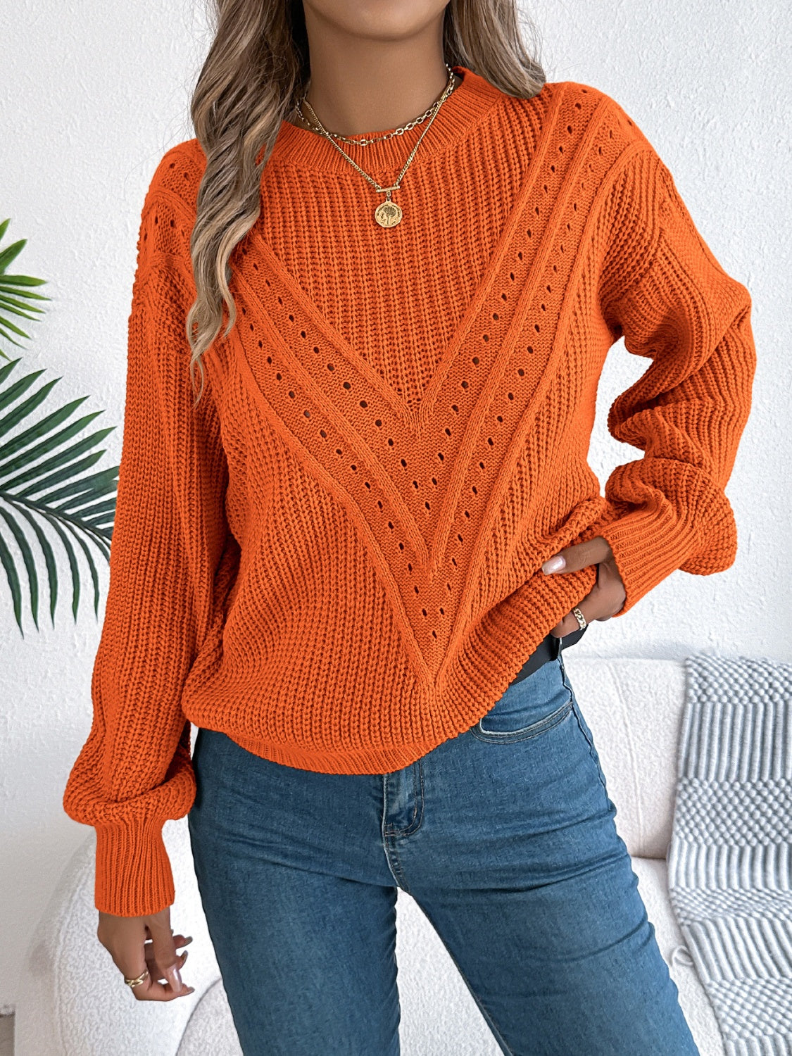 Openwork Round Neck Long Sleeve Sweater