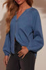 Plunge Button Up Long Sleeve Denim Blouse