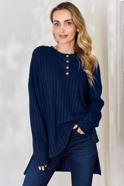 Full Size Ribbed Half Button Long Sleeve High-Low T-Shirt