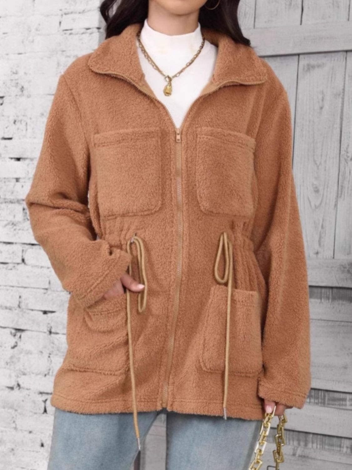 Drawstring Zip Up Long Sleeve Jacket