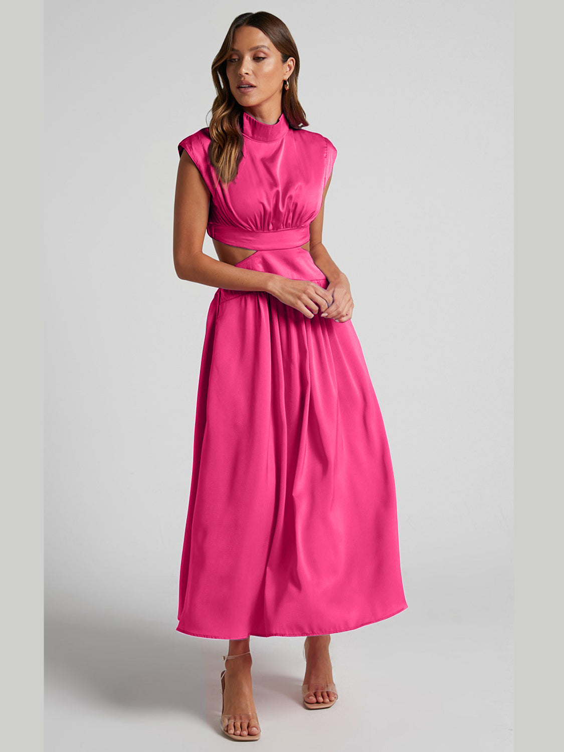 Cutout Mock Neck Sleeveless Ruched Maxi Dress