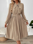 Perfee Pleated Tie Neck Long Sleeve Dress