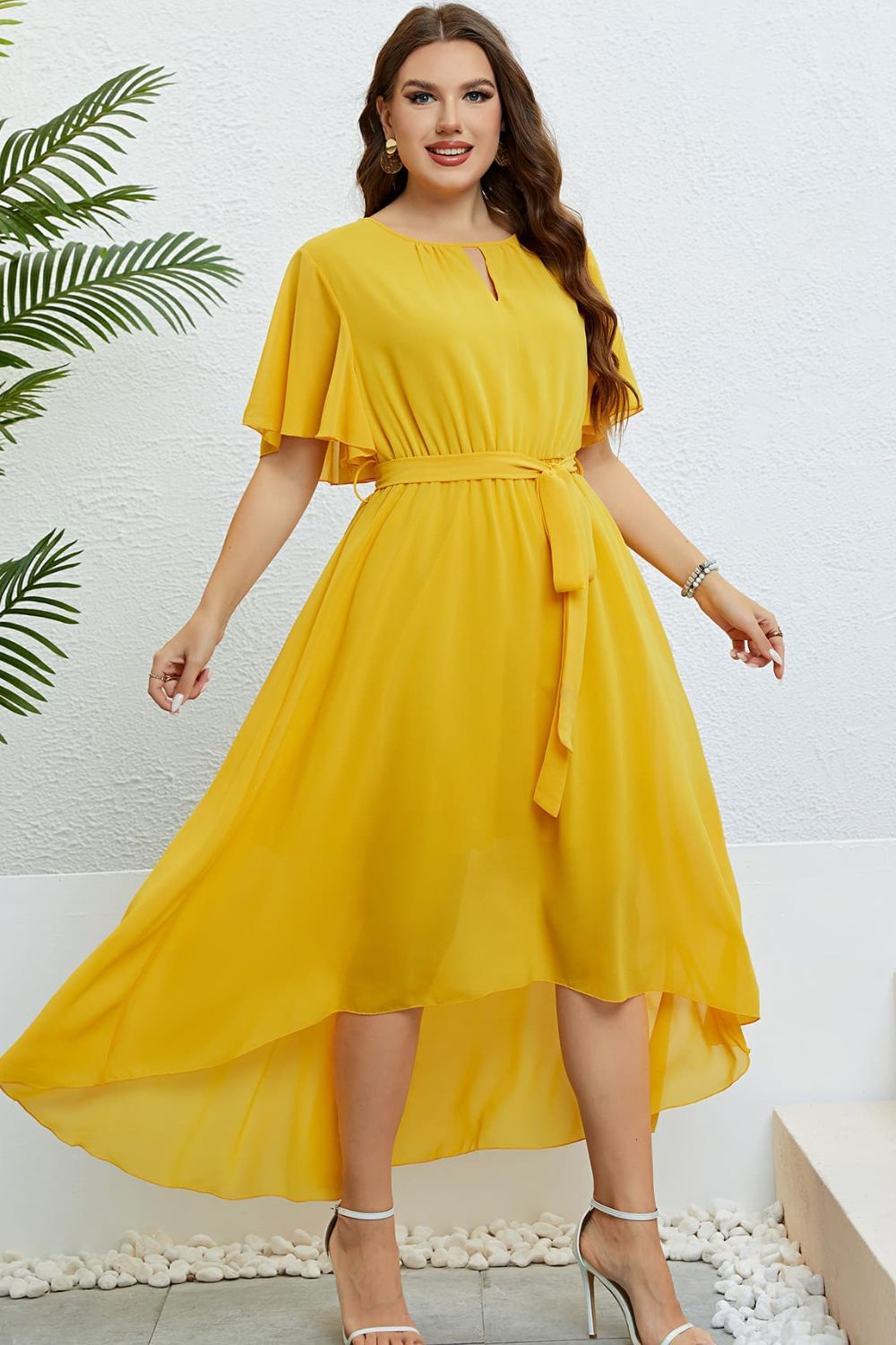 Honey Belted Flutter Sleeve High-Low Dress