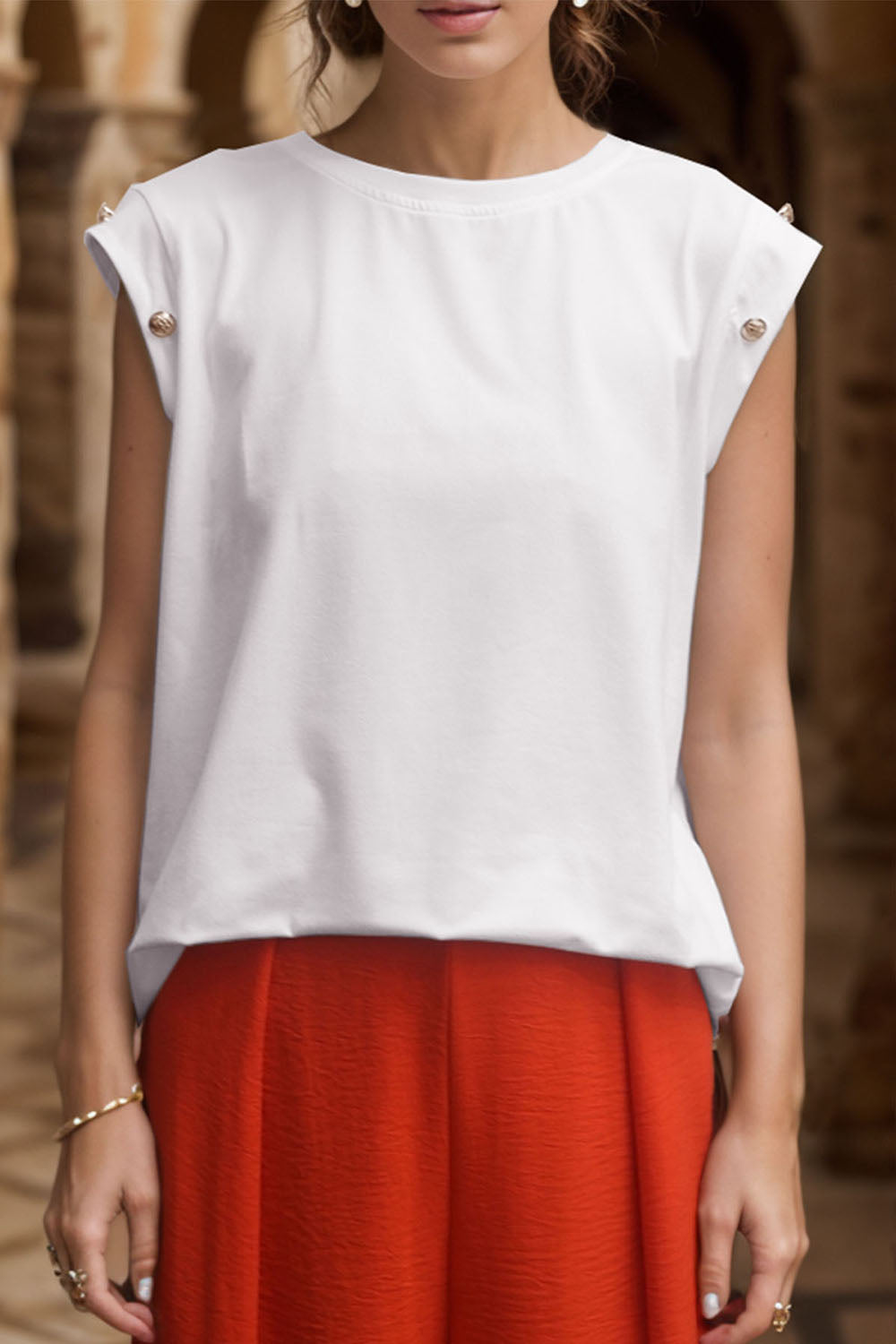 Perfee Decorative Button Round Neck T-Shirt