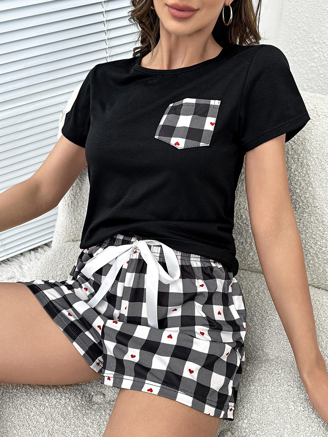 Plaid Heart Top and Shorts Pajama Set