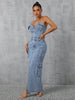 Slit Half Button Tube Denim Maxi Dress