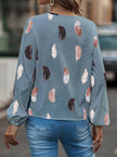 Feather Print Notched Balloon Sleeve Blouse