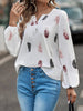 Feather Print Notched Balloon Sleeve Blouse