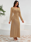 Ruched Round Neck Long Sleeve Sparkle Dress