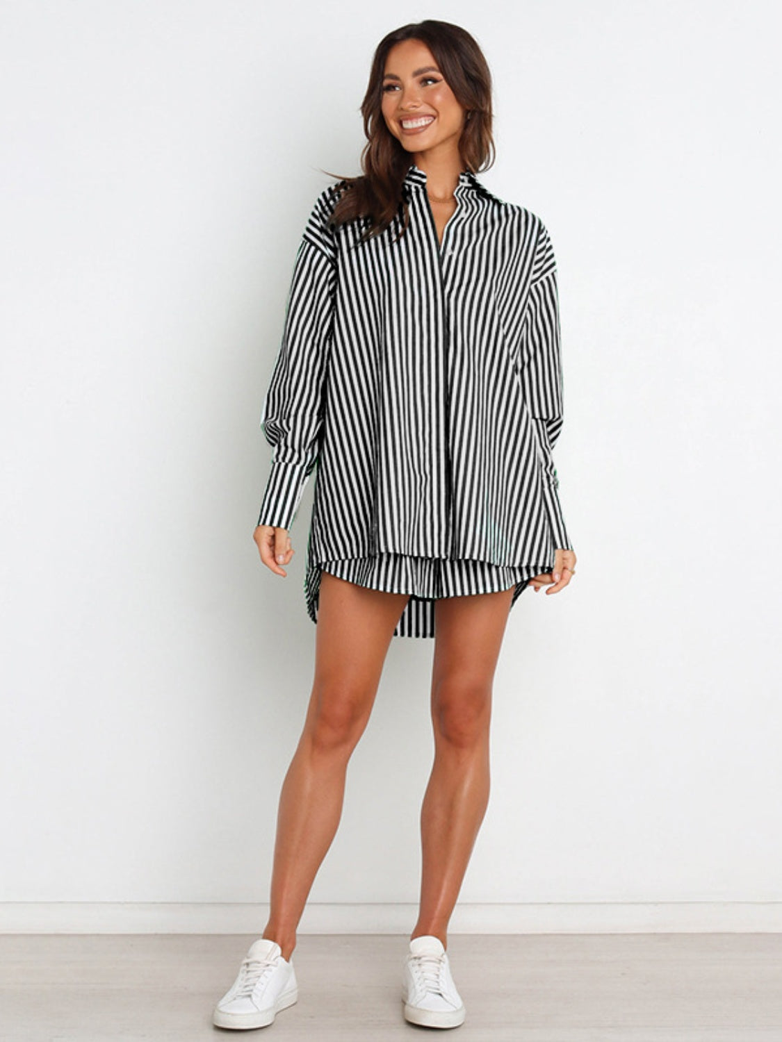 Striped Dropped Shoulder Shirt and Shorts Set