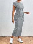 Tied Striped Round Neck Short Sleeve Maxi Tee Dress