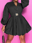 Notched Button Up Balloon Sleeves Mini Dress