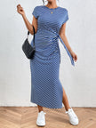 Tied Striped Round Neck Short Sleeve Maxi Tee Dress