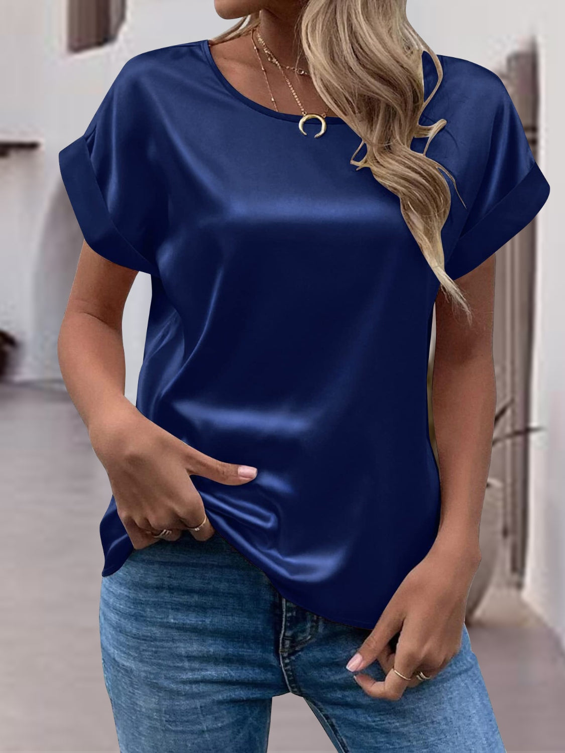 Round Neck Short Sleeve Blouse