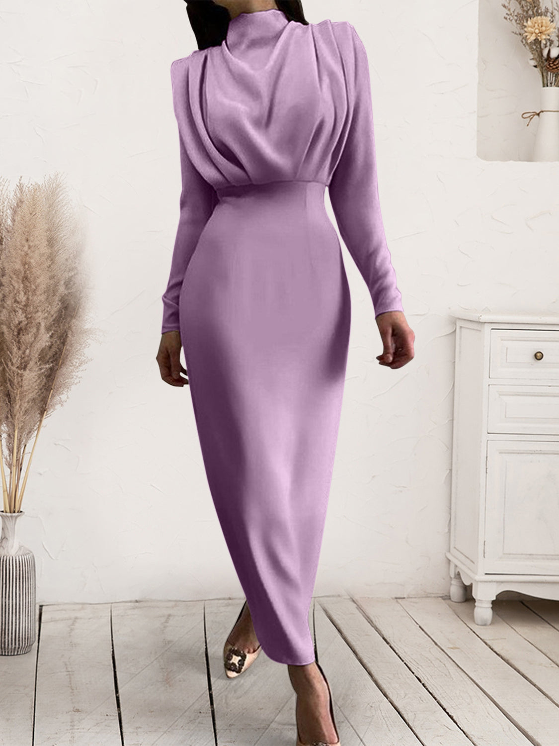 Ruched Turtleneck Long Sleeve Maxi Dress