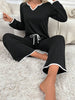 Contrast Trim Notched Long Sleeve Top and Pants Pajama Set