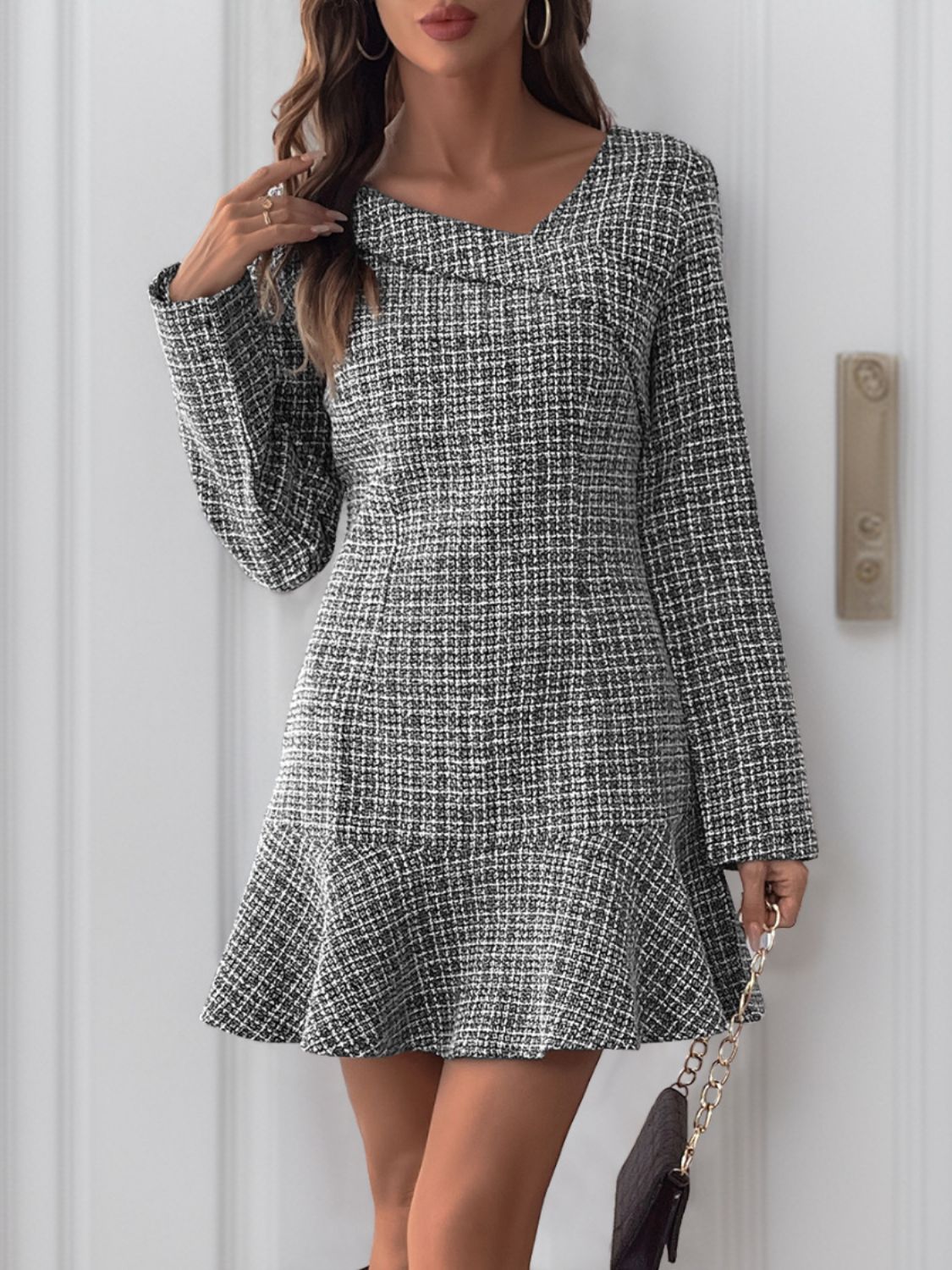 Perfee Asymmetric Long Sleeve Mini Dress