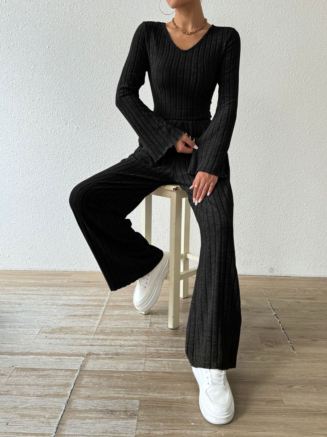 Ribbed V-Neck Long Sleeve Top and Pocketed Pants Set