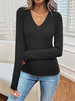 Ribbed V-Neck Long Sleeve T-Shirt